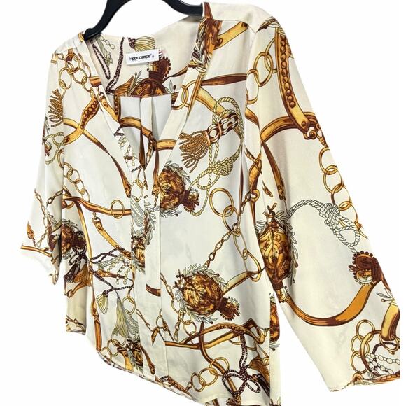 Hippocampe Blouse Top Womens M Cream Chain Print 3/4 Sleeve Old Money Equestrian - Picture 3 of 15